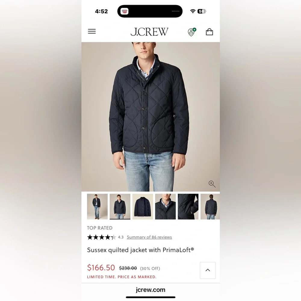 J. Crew Men's Sussex Quilted Jacket - Dark Blue - Picture 5 of 5